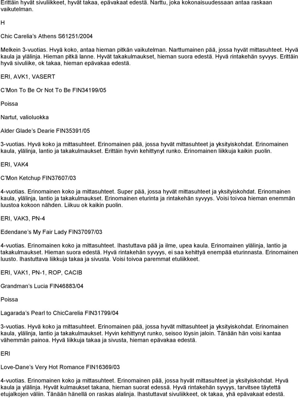 Erittäin hyvä sivuliike, ok takaa, hieman epävakaa edestä. ERI, AVK1, VASERT C Mon To Be Or Not To Be FIN34199/05 Nartut, valioluokka Alder Glade s Dearie FIN35391/05 3-vuotias.