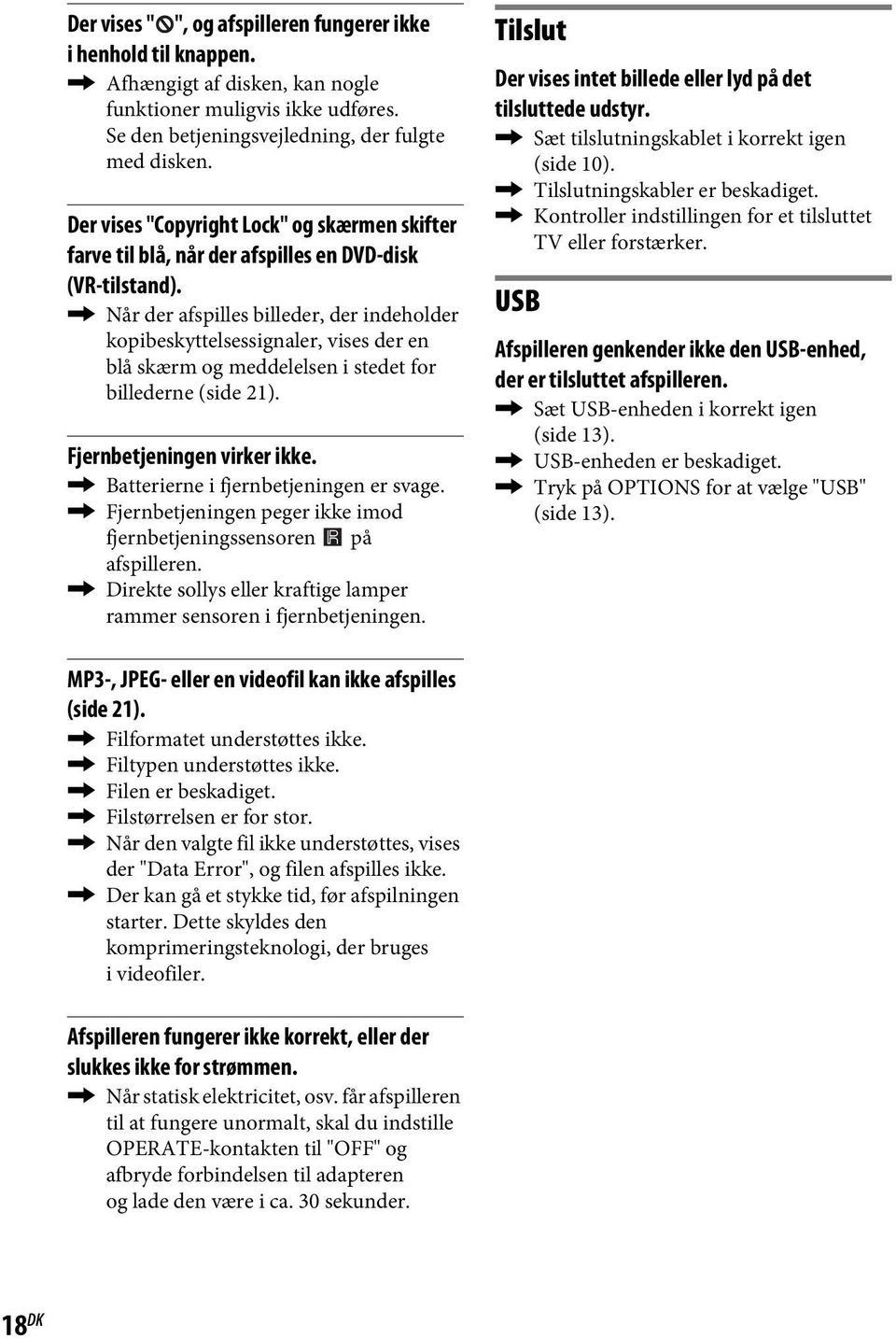 , Når der afspilles billeder, der indeholder kopibeskyttelsessignaler, vises der en blå skærm og meddelelsen i stedet for billederne (side 21). Fjernbetjeningen virker ikke.