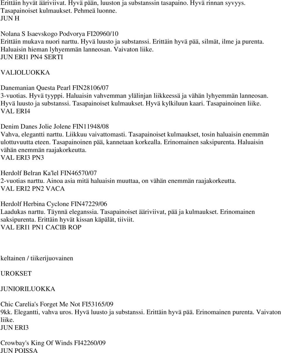 JUN ERI1 PN4 SERTI Danemanian Questa Pearl FIN28106/07 3-vuotias. Hyvä tyyppi. Haluaisin vahvemman ylälinjan liikkeessä ja vähän lyhyemmän lanneosan. Hyvä luusto ja substanssi.