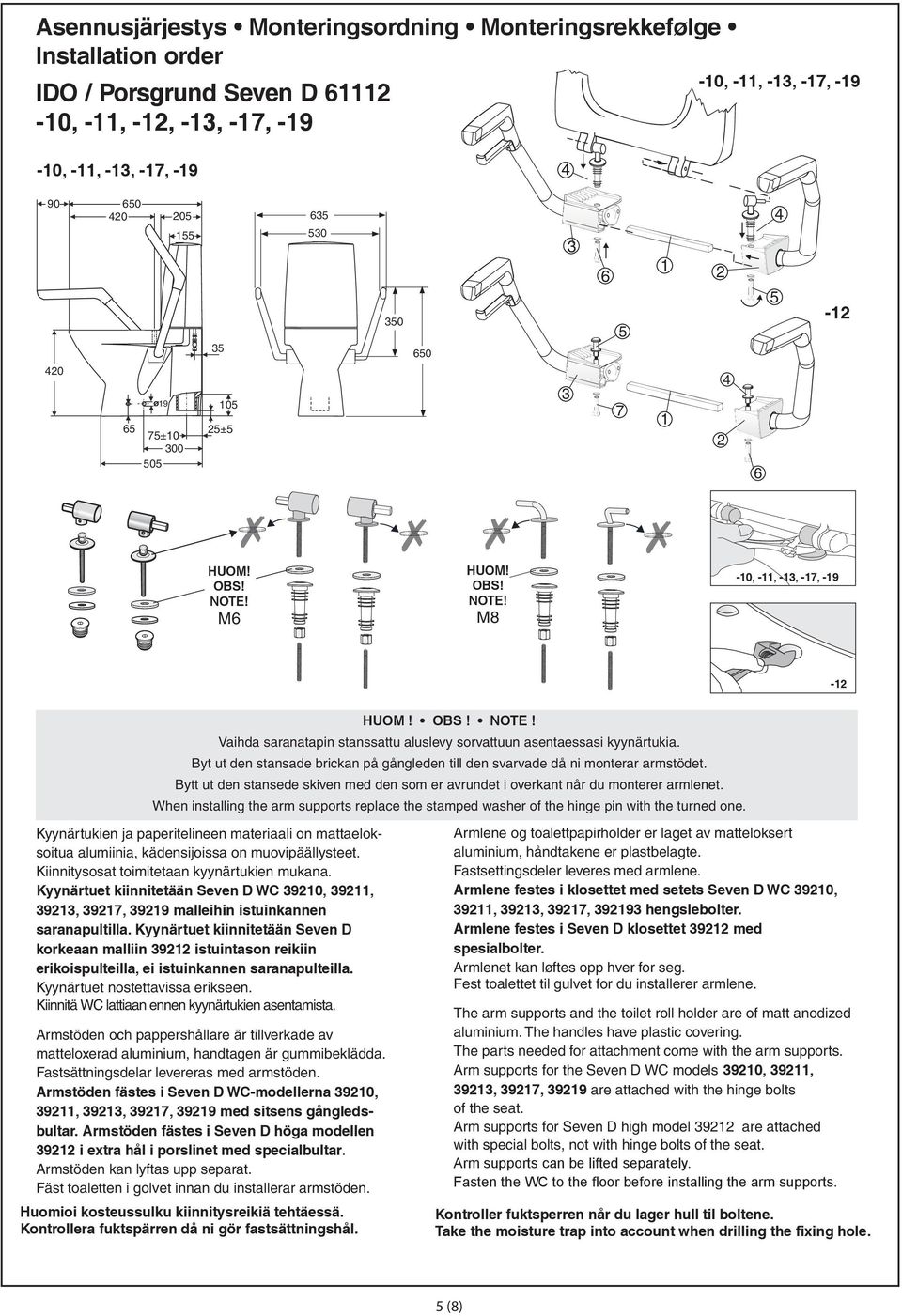 er avrundet i overkant når du monterer armlenet When installing the arm supports replace the stamped washer of the hinge pin with the turned one alumiinia, kädensijoissa on muovipäällysteet