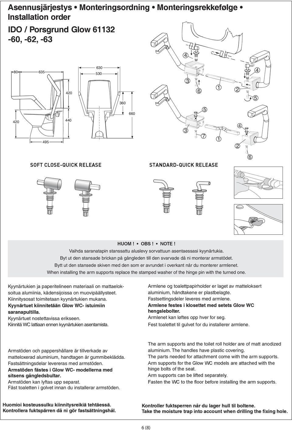 er avrundet i overkant når du monterer armlenet When installing the arm supports replace the stamped washer of the hinge pin with the turned one alumiinia, kädensijoissa on muovipäällysteet
