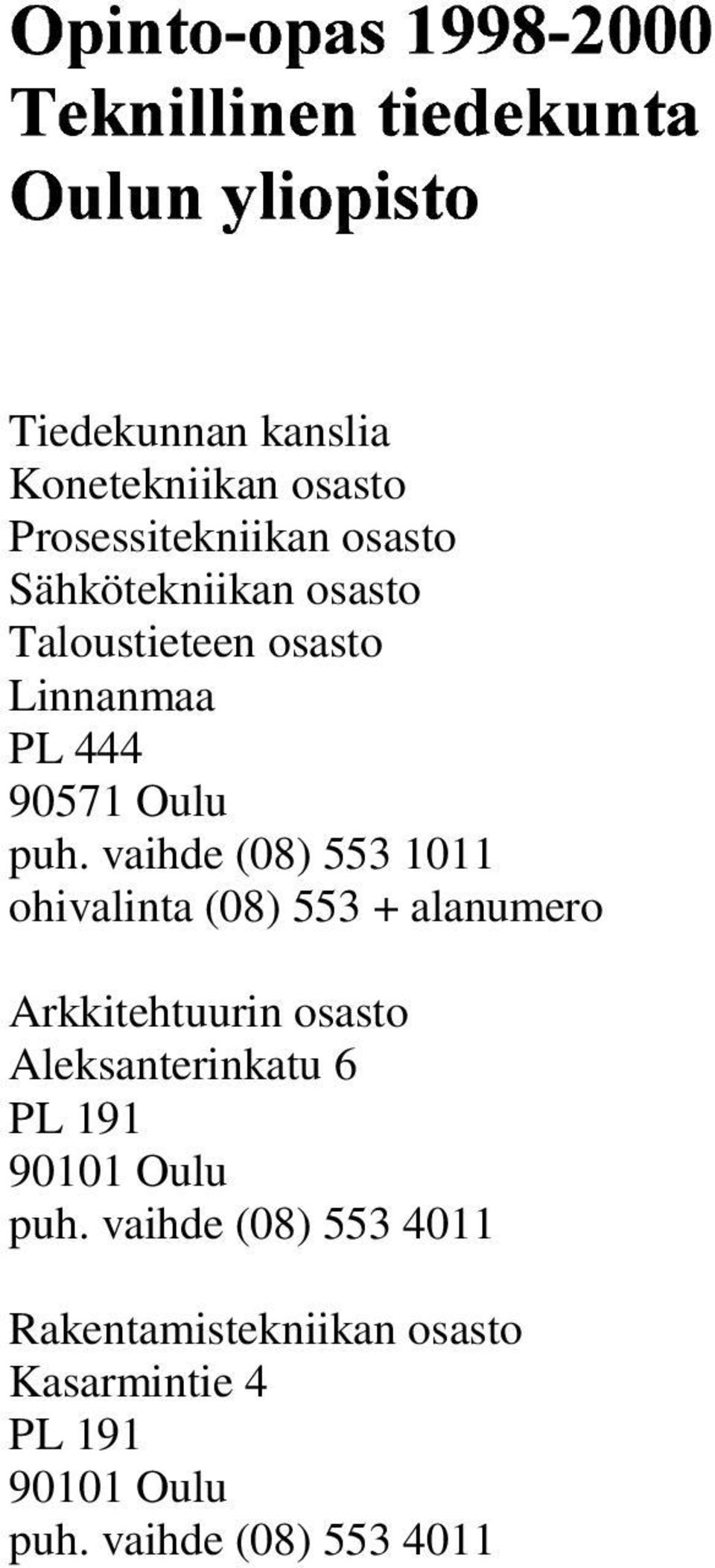 vaihde (08) 553 1011 ohivalinta (08) 553 + alanumero Arkkitehtuurin osasto Aleksanterinkatu 6