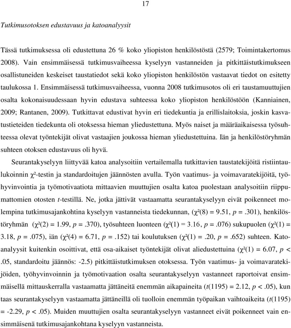 Ensimmäisessä tutkimusvaiheessa, vuonna 2008 tutkimusotos oli eri taustamuuttujien osalta kokonaisuudessaan hyvin edustava suhteessa koko yliopiston henkilöstöön (Kanniainen, 2009; Rantanen, 2009).
