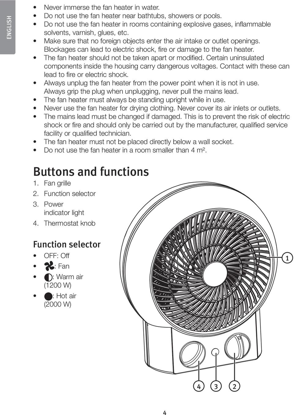 Blockages can lead to electric shock, fire or damage to the fan heater. The fan heater should not be taken apart or modified.