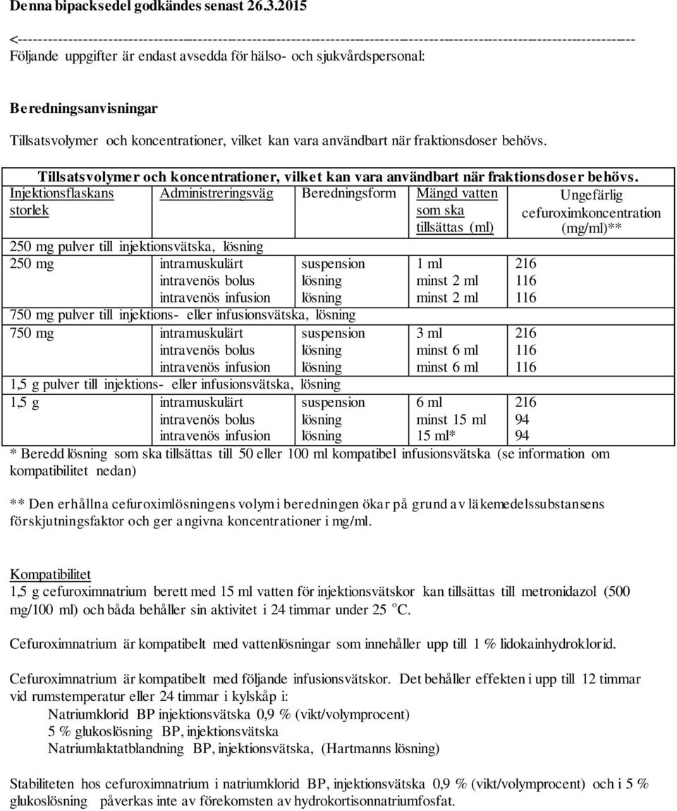 sjukvårdspersonal: Beredningsanvisningar Tillsatsvolymer och koncentrationer, vilket kan vara användbart när fraktionsdoser behövs.