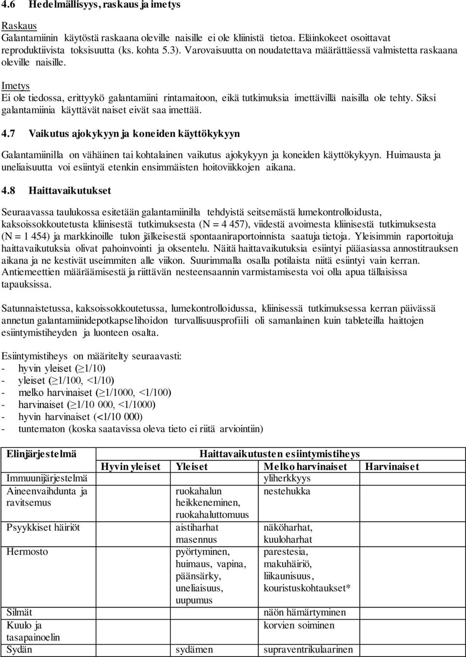 Siksi galantamiinia käyttävät naiset eivät saa imettää. 4.7 Vaikutus ajokykyyn ja koneiden käyttökykyyn Galantamiinilla on vähäinen tai kohtalainen vaikutus ajokykyyn ja koneiden käyttökykyyn.