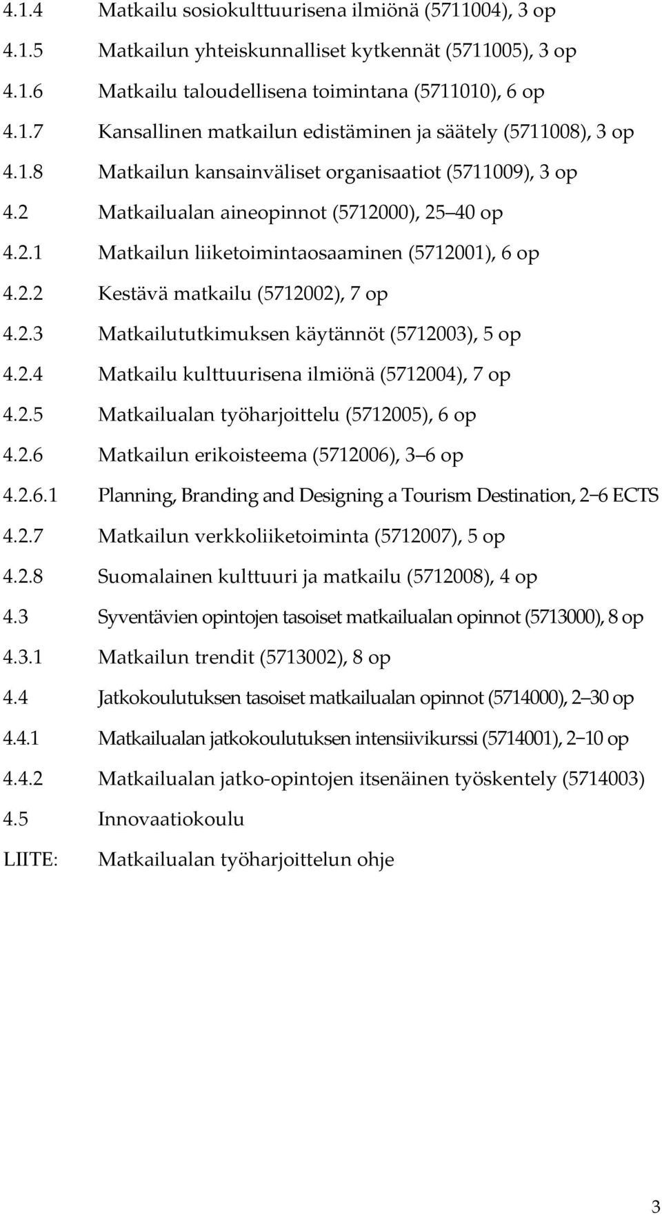 2.3 Matkailututkimuksen käytännöt (5712003), 5 op 4.2.4 Matkailu kulttuurisena ilmiönä (5712004), 7 op 4.2.5 Matkailualan työharjoittelu (5712005), 6 op 4.2.6 Matkailun erikoisteema (5712006), 3 6 op 4.