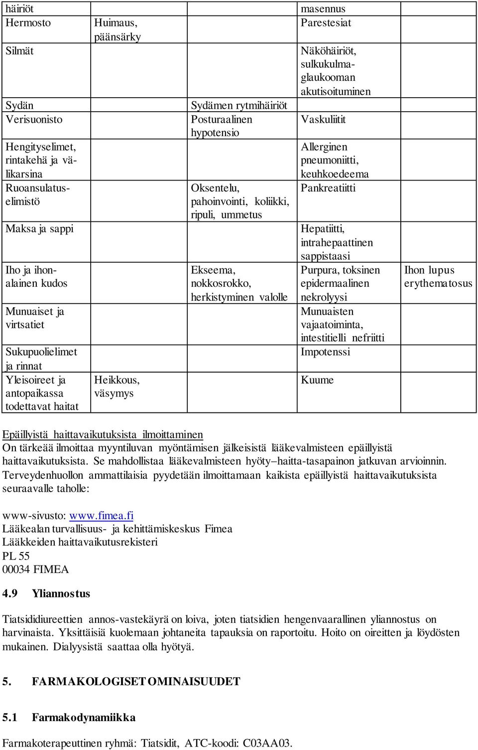 nokkosrokko, herkistyminen valolle masennus Parestesiat Näköhäiriöt, sulkukulmaglaukooman akutisoituminen Vaskuliitit Allerginen pneumoniitti, keuhkoedeema Pankreatiitti Hepatiitti, intrahepaattinen