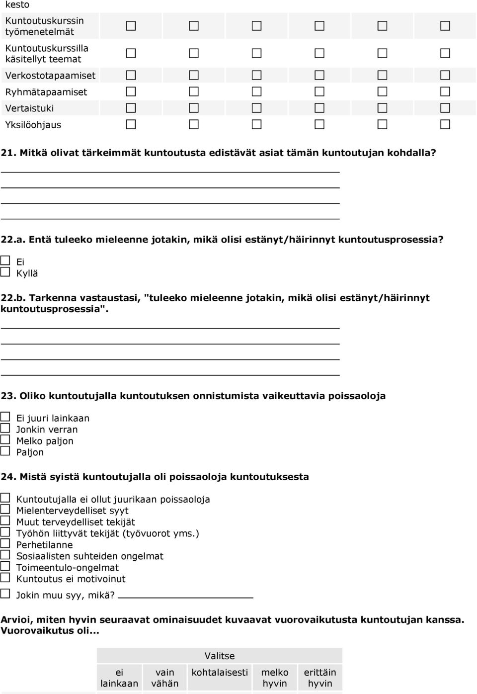 Oliko kuntoutujalla kuntoutuksen onnistumista vaikeuttavia poissaoloja juuri lainkaan Jonkin Melko paljon Paljon 24.