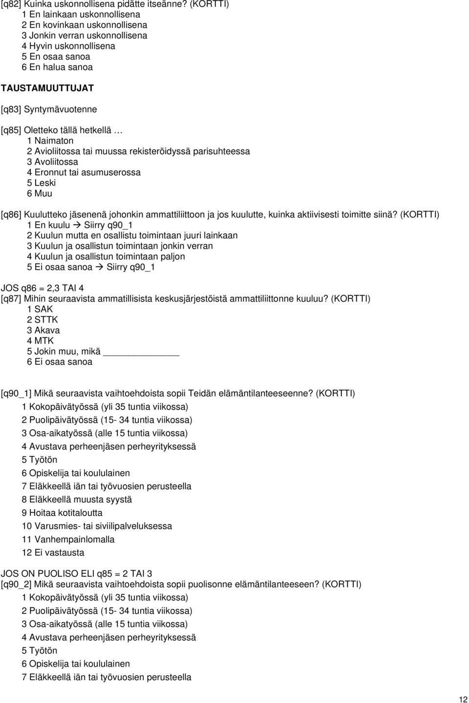 Oletteko tällä hetkellä 1 Naimaton 2 Avioliitossa tai muussa rekisteröidyssä parisuhteessa 3 Avoliitossa 4 Eronnut tai asumuserossa 5 Leski 6 Muu [q86] Kuulutteko jäsenenä johonkin ammattiliittoon ja