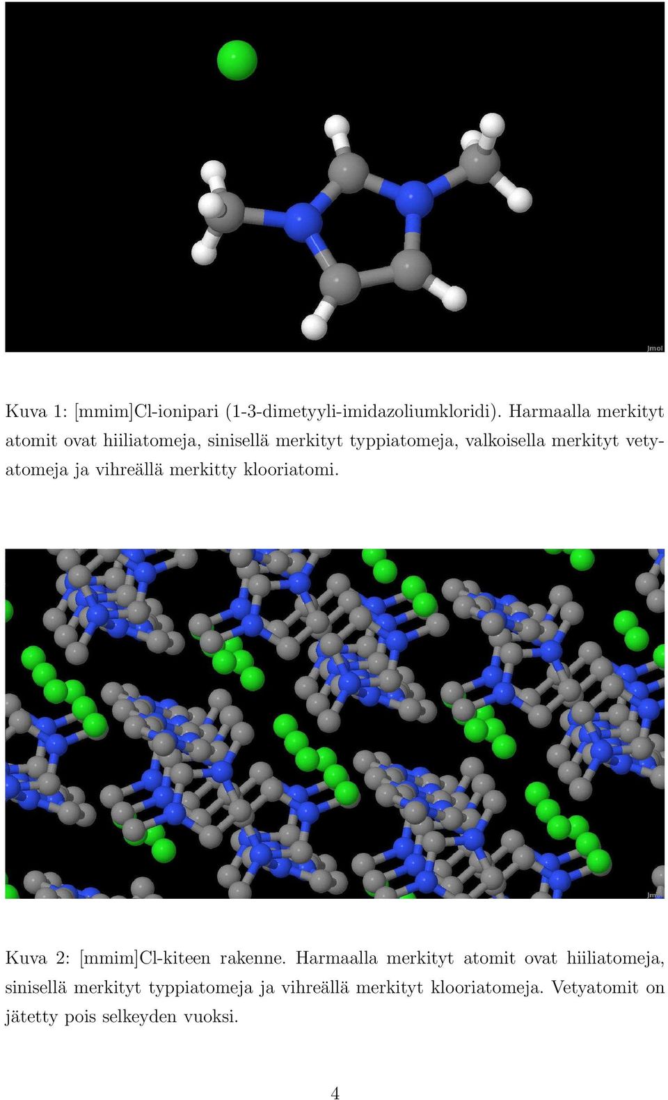 vetyatomeja ja vihreällä merkitty klooriatomi. Kuva 2: [mmim]cl-kiteen rakenne.