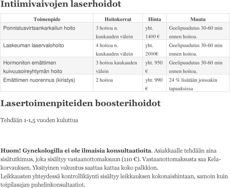 950 Geelipuudutus 30-60 min ennen hoitoa. Emättimen nuorennus (kiristys) 2 hoitoa yht. 990 24 % lisätään joissakin tapauksissa Lasertoimenpiteiden boosterihoidot Tehdään 1-1,5 vuoden kuluttua Huom!