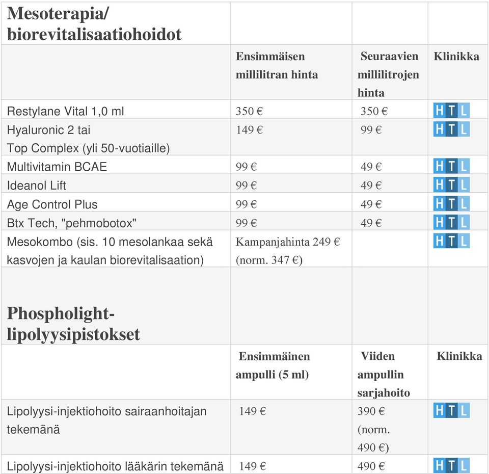 (sis. 10 mesolankaa sekä kasvojen ja kaulan biorevitalisaation) Kampanjahinta 249 (norm.