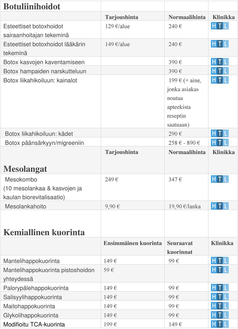 Tarjoushinta Normaalihinta Mesolangat Mesokombo 249 347 (10 mesolankaa & kasvojen ja kaulan biorevitalisaatio) Mesolankahoito 9,90 19,90 /lanka Kemiallinen kuorinta Ensimmäinen kuorinta Seuraavat