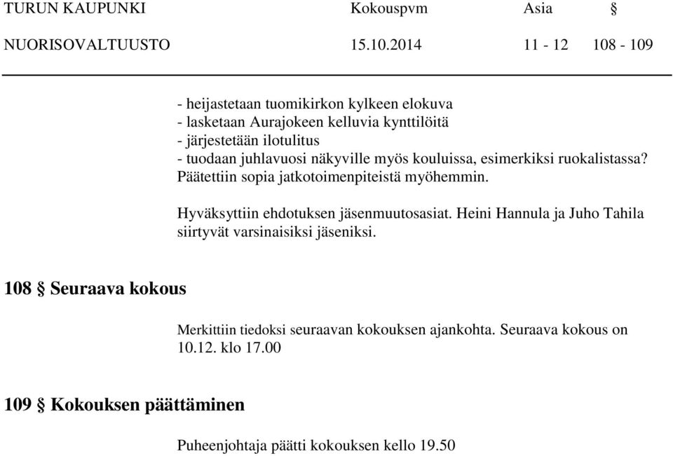 tuodaan juhlavuosi näkyville myös kouluissa, esimerkiksi ruokalistassa? Päätettiin sopia jatkotoimenpiteistä myöhemmin.