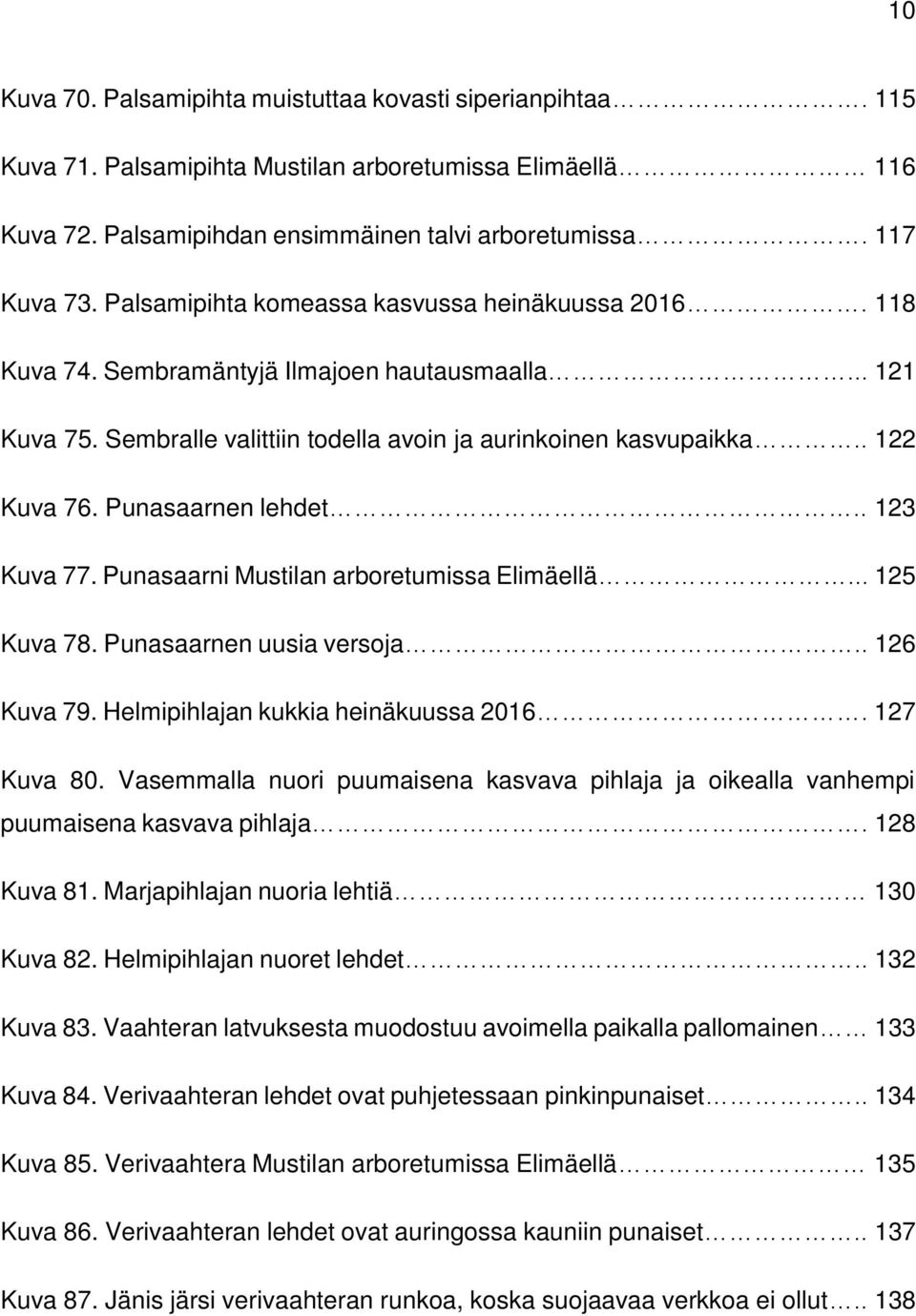 Punasaarnen lehdet.. 123 Kuva 77. Punasaarni Mustilan arboretumissa Elimäellä... 125 Kuva 78. Punasaarnen uusia versoja.. 126 Kuva 79. Helmipihlajan kukkia heinäkuussa 2016. 127 Kuva 80.