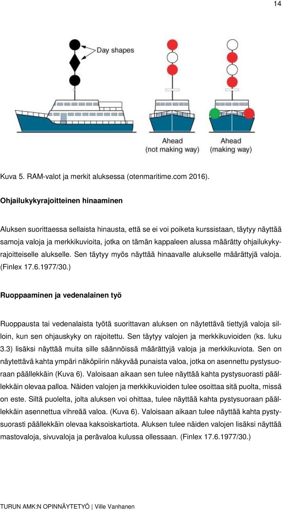 määrätty ohjailukykyrajoitteiselle alukselle. Sen täytyy myös näyttää hinaavalle alukselle määrättyjä valoja. (Finlex 17.6.1977/30.