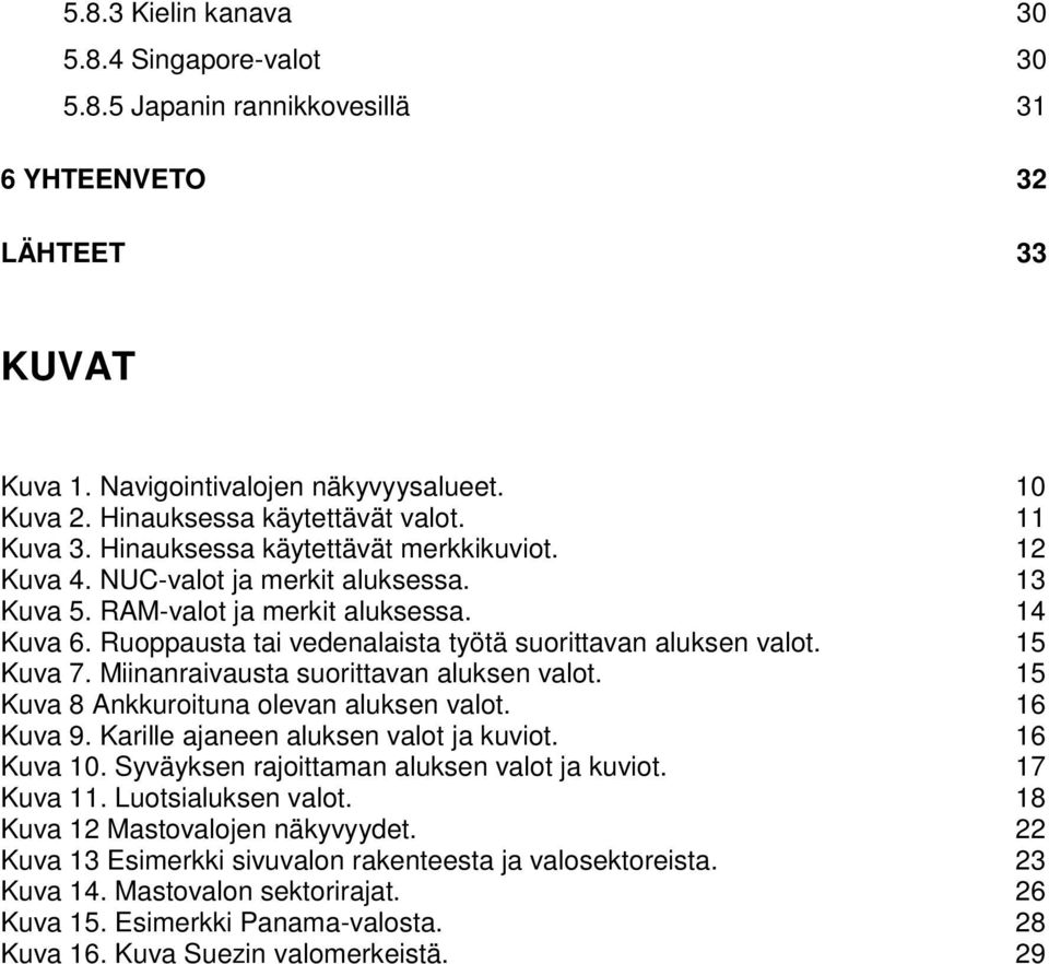 Ruoppausta tai vedenalaista työtä suorittavan aluksen valot. 15 Kuva 7. Miinanraivausta suorittavan aluksen valot. 15 Kuva 8 Ankkuroituna olevan aluksen valot. 16 Kuva 9.