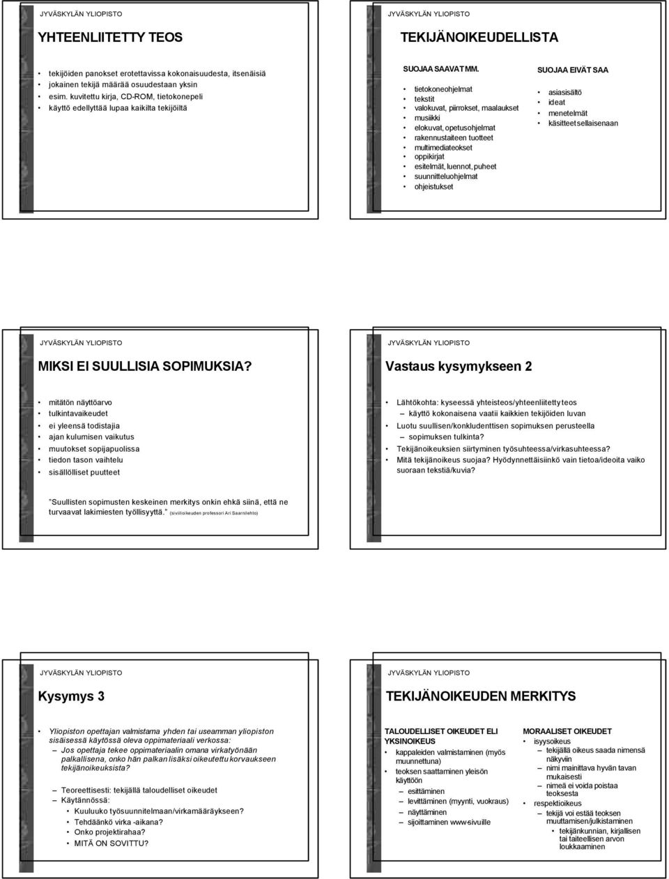 tietokoneohjelmat tekstit valokuvat, piirrokset, maalaukset musiikki elokuvat, opetusohjelmat rakennustaiteen tuotteet multimediateokset oppikirjat esitelmät, luennot, puheet suunnitteluohjelmat