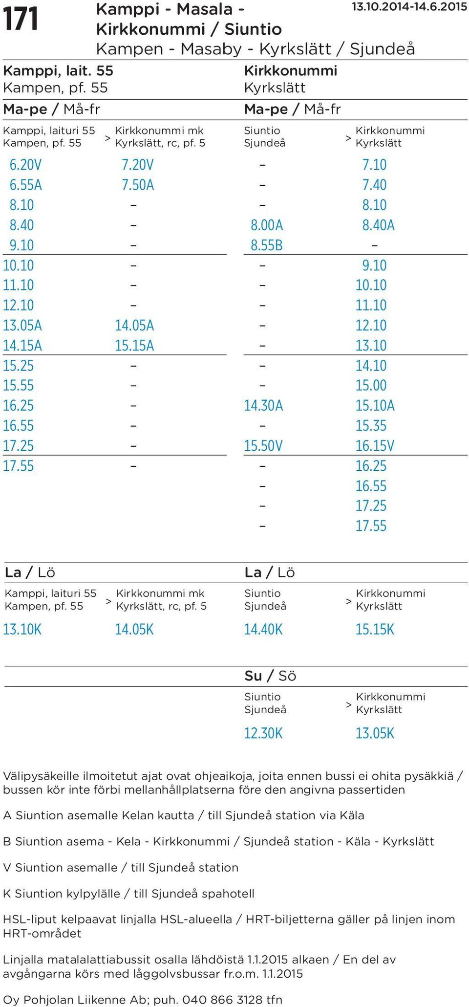 10K 14.05K 14.40K 15.15K Su / Sö Siuntio Sjundeå 12.30K 13.