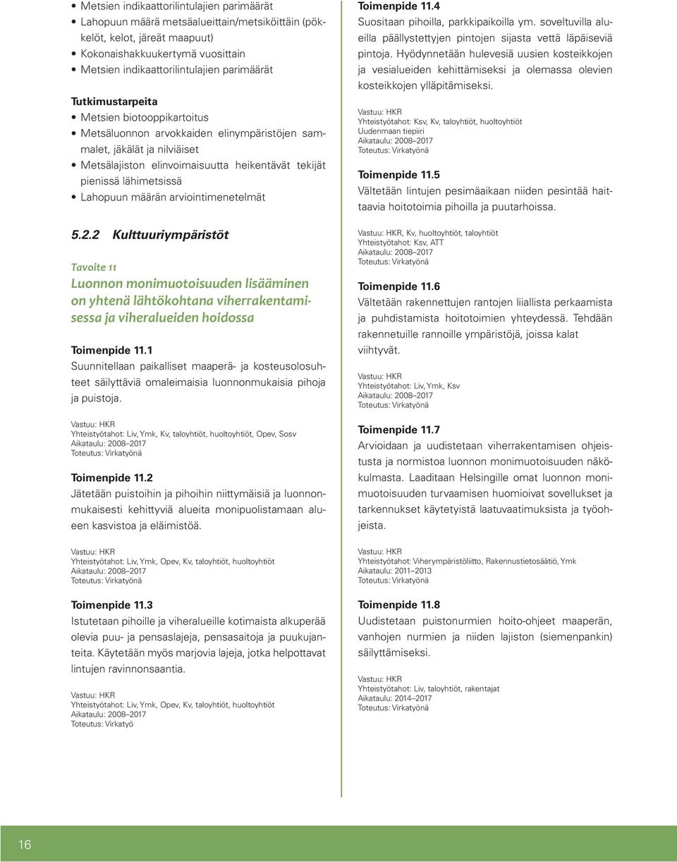 määrän arviointimenetelmät 5.2.2 Kulttuuriympäristöt Tavoite 11 Luonnon monimuotoisuuden lisääminen on yhtenä lähtökohtana viherrakentamisessa ja viheralueiden hoidossa Toimenpide 11.
