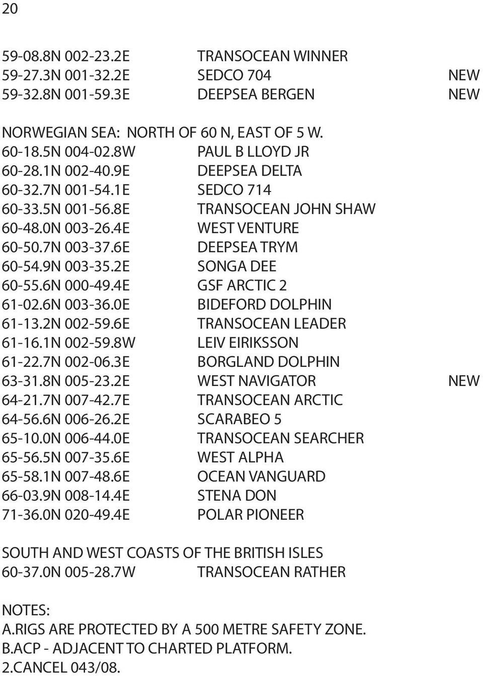 6N 000-49.4E GSF ARCTIC 2 61-02.6N 003-36.0E BIDEFORD DOLPHIN 61-13.2N 002-59.6E TRANSOCEAN LEADER 61-16.1N 002-59.8W LEIV EIRIKSSON 61-22.7N 002-06.3E BORGLAND DOLPHIN 63-31.8N 005-23.