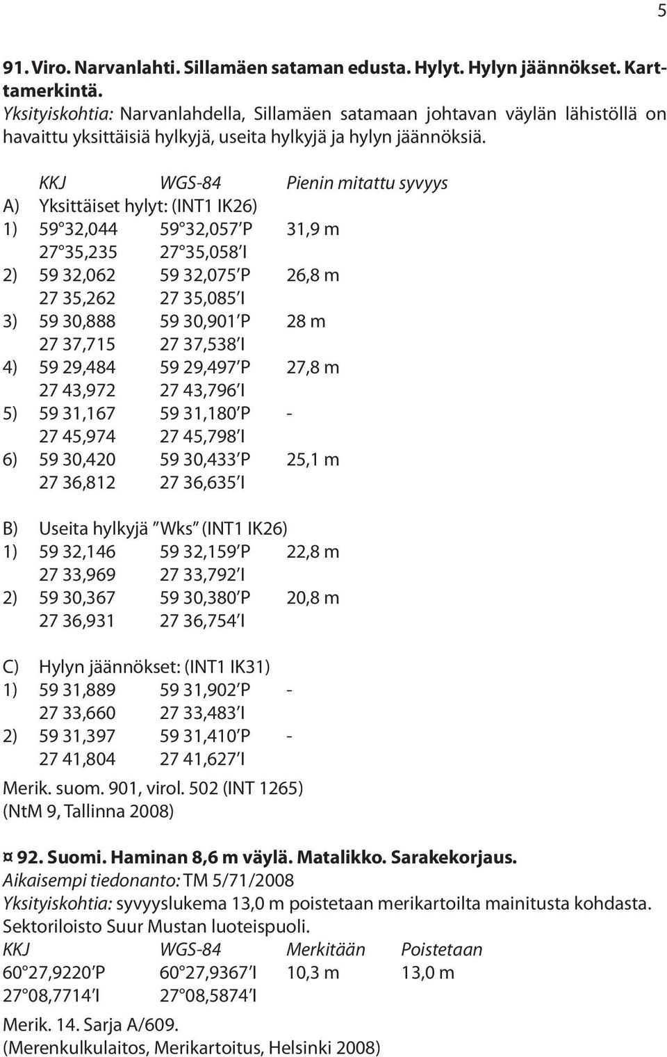 KKJ Pienin mitattu syvyys A) Yksittäiset hylyt: (INT1 IK26) 1) 59 32,044 59 32,057 P 31,9 m 27 35,235 27 35,058 I 2) 59 32,062 59 32,075 P 26,8 m 27 35,262 27 35,085 I 3) 59 30,888 59 30,901 P 28 m