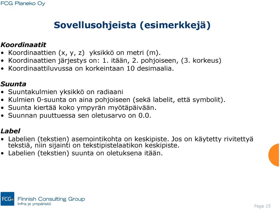Suunta Suuntakulmien yksikkö on radiaani Kulmien 0-suunta on aina pohjoiseen (sekä labelit, että symbolit). Suunta kiertää koko ympyrän myötäpäivään.