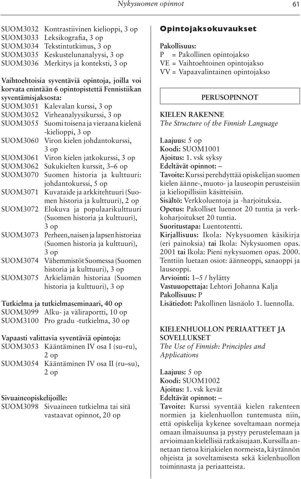 vieraana kielenä -kielioppi, 3 op SUOM3060 Viron kielen johdantokurssi, 3 op SUOM3061 Viron kielen jatkokurssi, 3 op SUOM3062 Sukukielten kurssit, 3 6 op SUOM3070 Suomen historia ja kulttuuri: