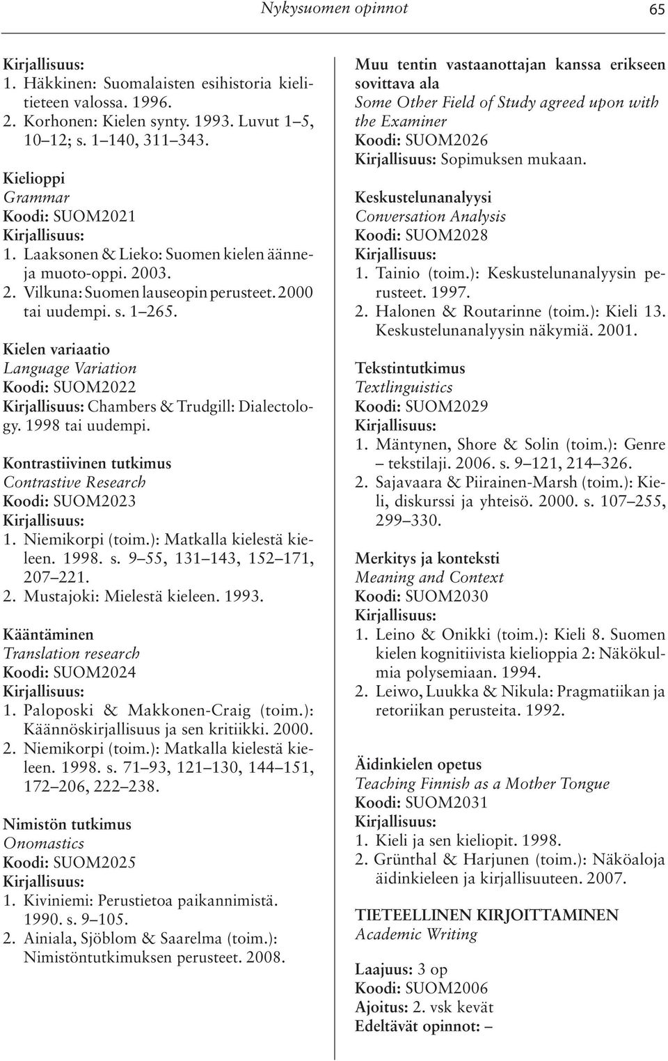 Kielen variaatio Language Variation Koodi: SUOM2022 Chambers & Trudgill: Dialectology. 1998 tai uudempi. Kontrastiivinen tutkimus Contrastive Research Koodi: SUOM2023 1. Niemikorpi (toim.