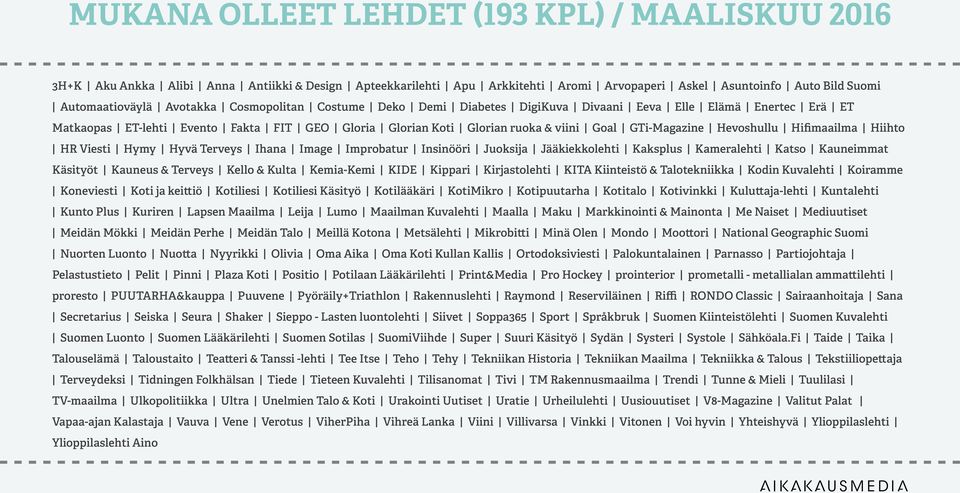 Hifimaailma Hiihto HR Viesti Hymy Hyvä Terveys Ihana Image Improbatur Insinööri Juoksija Jääkiekkolehti Kaksplus Kameralehti Katso Kauneimmat Käsityöt Kauneus & Terveys Kello & Kulta Kemia-Kemi KIDE