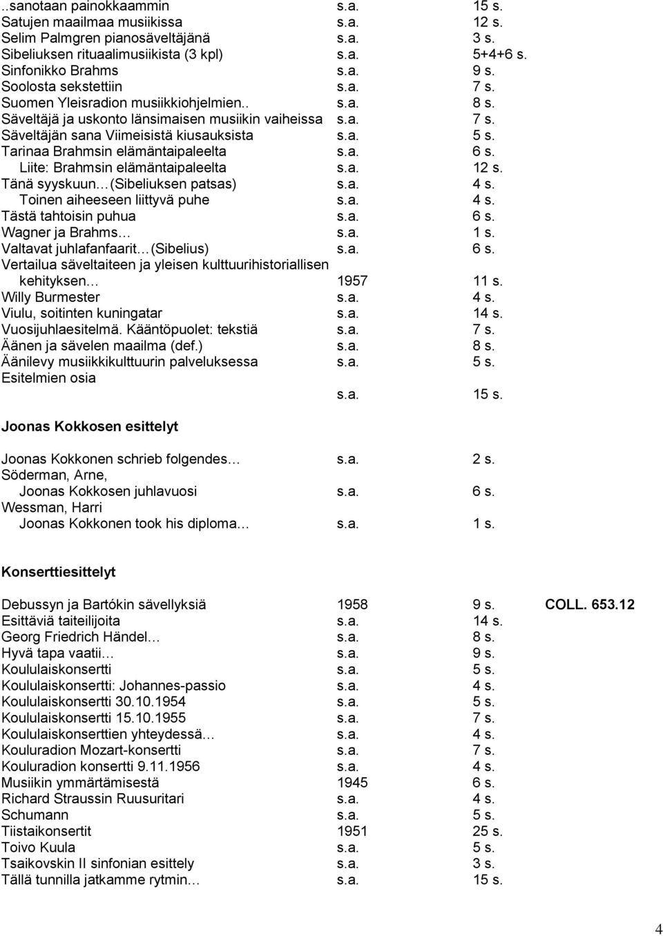 Tarinaa Brahmsin elämäntaipaleelta s.a. 6 s. Liite: Brahmsin elämäntaipaleelta s.a. 12 s. Tänä syyskuun (Sibeliuksen patsas) s.a. 4 s. Toinen aiheeseen liittyvä puhe s.a. 4 s. Tästä tahtoisin puhua s.