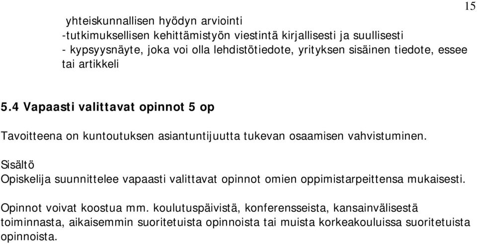 4 Vapaasti valittavat opinnot 5 op Tavoitteena on kuntoutuksen asiantuntijuutta tukevan osaamisen vahvistuminen.