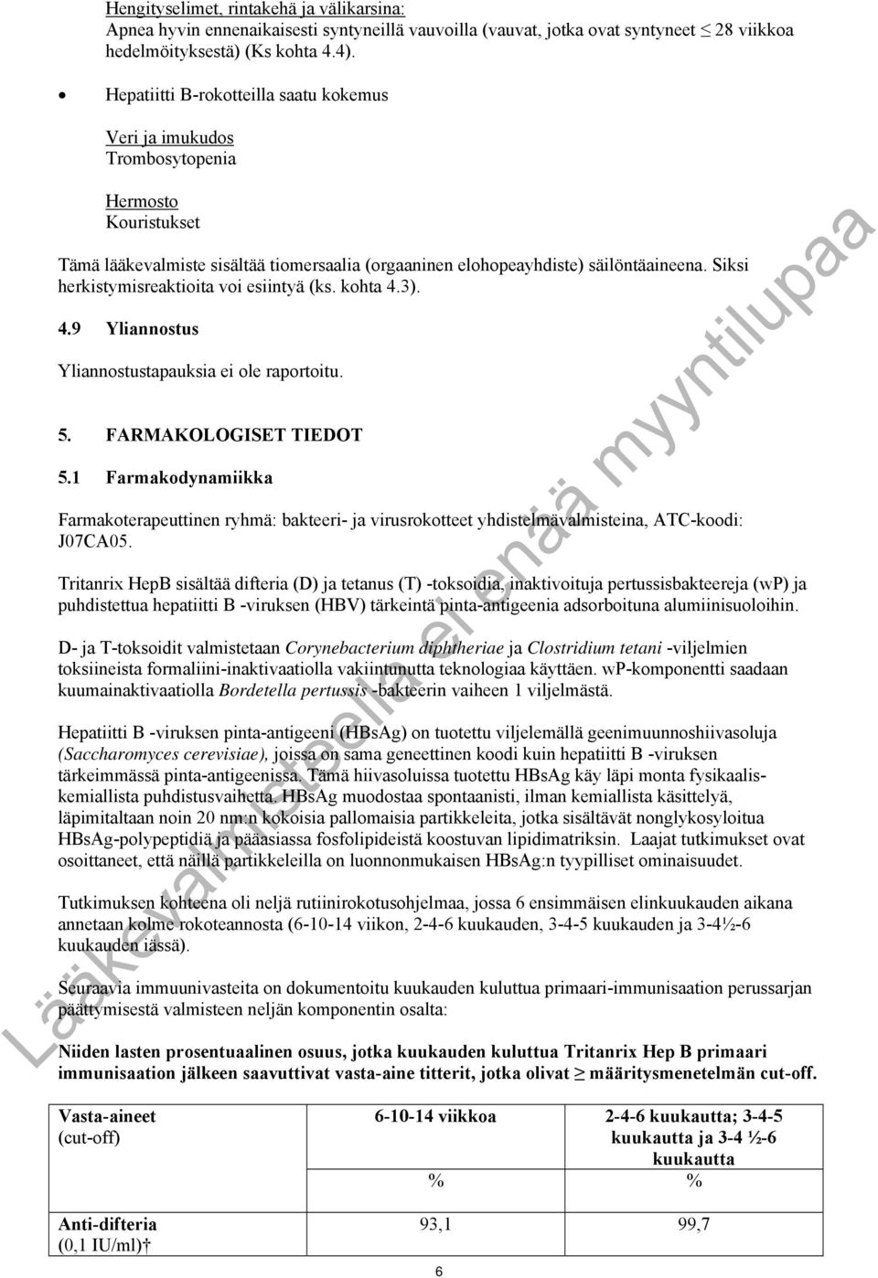 Siksi herkistymisreaktioita voi esiintyä (ks. kohta 4.3). 4.9 Yliannostus Yliannostustapauksia ei ole raportoitu. 5. FARMAKOLOGISET TIEDOT 5.