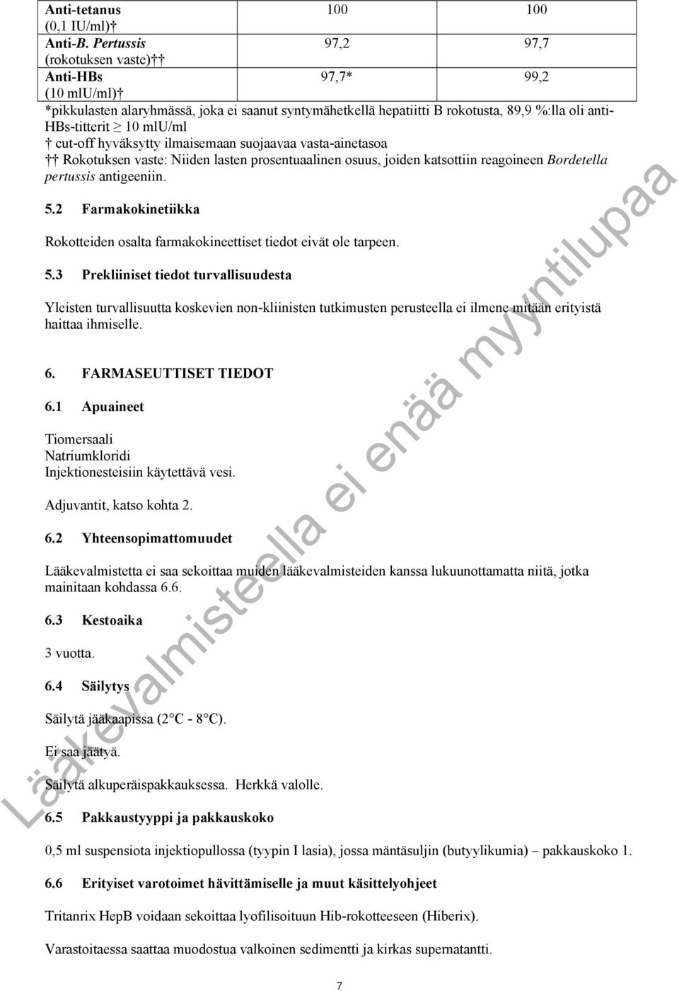 cut-off hyväksytty ilmaisemaan suojaavaa vasta-ainetasoa Rokotuksen vaste: Niiden lasten prosentuaalinen osuus, joiden katsottiin reagoineen Bordetella pertussis antigeeniin. 5.