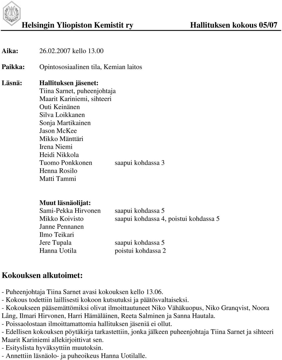 Mänttäri Irena Niemi Heidi Nikkola Tuomo Ponkkonen saapui kohdassa 3 Henna Rosilo Matti Tammi Muut läsnäolijat: Sami-Pekka Hirvonen saapui kohdassa 5 Mikko Koivisto saapui kohdassa 4, poistui