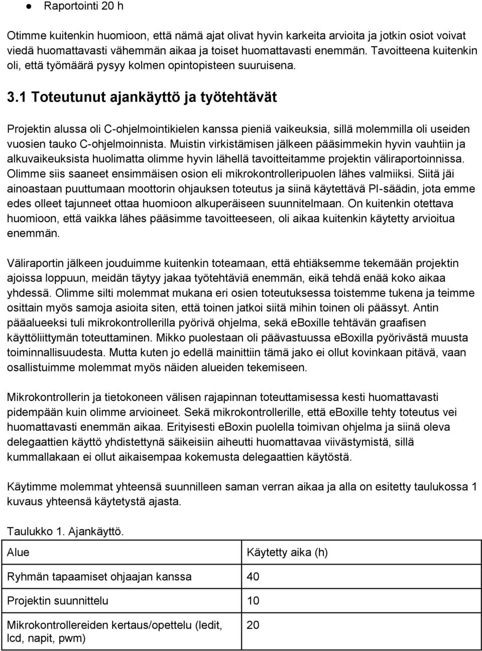 1 Toteutunut ajankäyttö ja työtehtävät Projektin alussa oli C-ohjelmointikielen kanssa pieniä vaikeuksia, sillä molemmilla oli useiden vuosien tauko C-ohjelmoinnista.