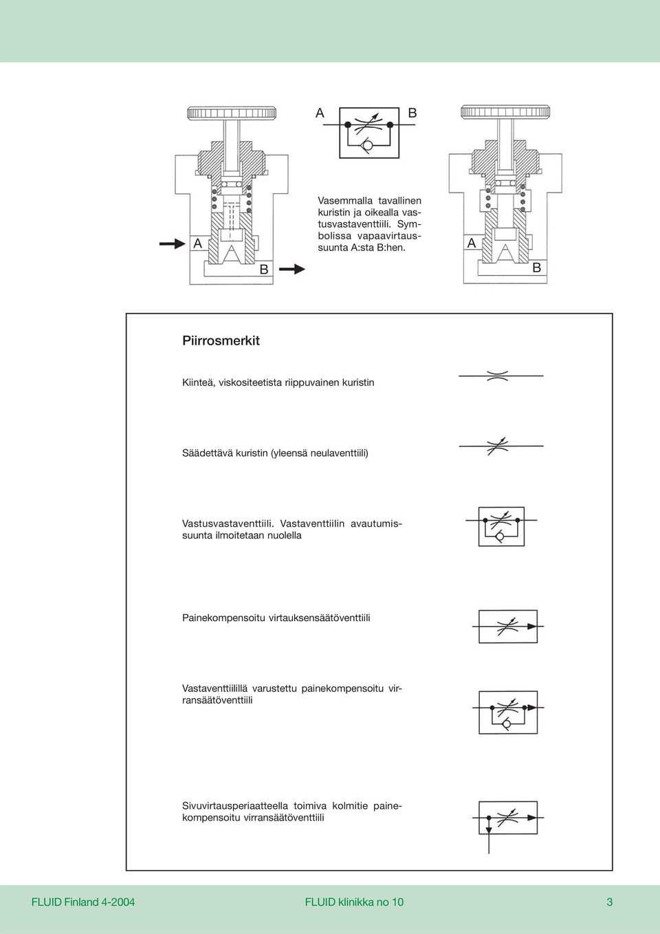 Vastaventtiilin avautumissuunta ilmoitetaan nuolella Painekompensoitu virtauksensäätöventtiili Vastaventtiilillä varustettu