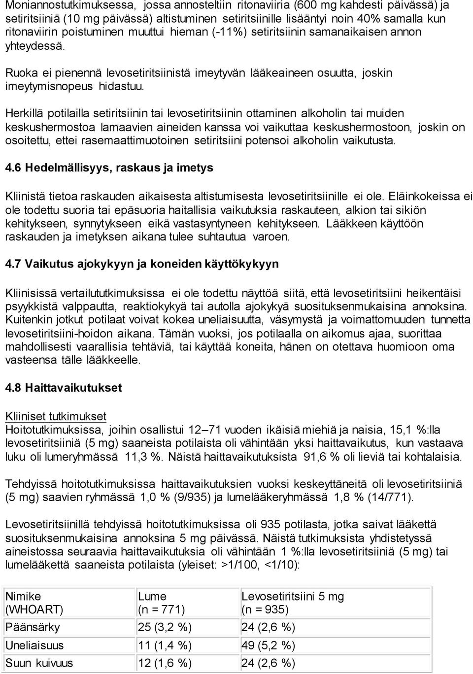 Herkillä potilailla setiritsiinin tai levosetiritsiinin ottaminen alkoholin tai muiden keskushermostoa lamaavien aineiden kanssa voi vaikuttaa keskushermostoon, joskin on osoitettu, ettei