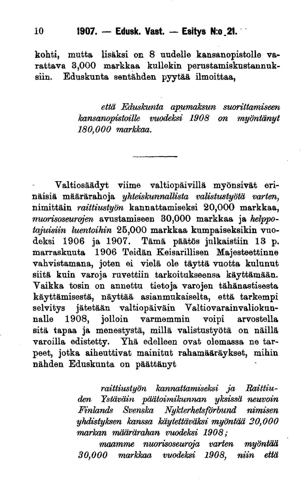 Valtiosäädyt viime valtiopäivillä myönsivät erinäisiä määrärahoja yhteiskunnallista valistustyötä varten, nimittäin raittiustyön kannattamiseksi 20,000 markkaa, nuorisoseurojen avustamiseen 30,000