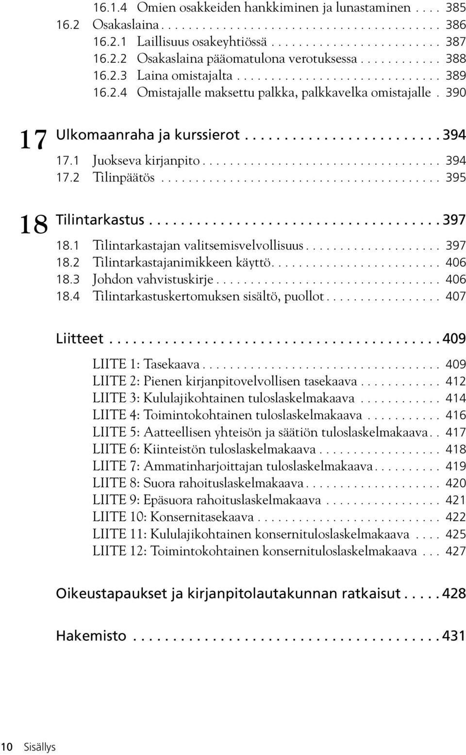 1 Juokseva kirjanpito................................... 394 17.2 Tilinpäätös......................................... 395 Tilintarkastus..................................... 397 18.