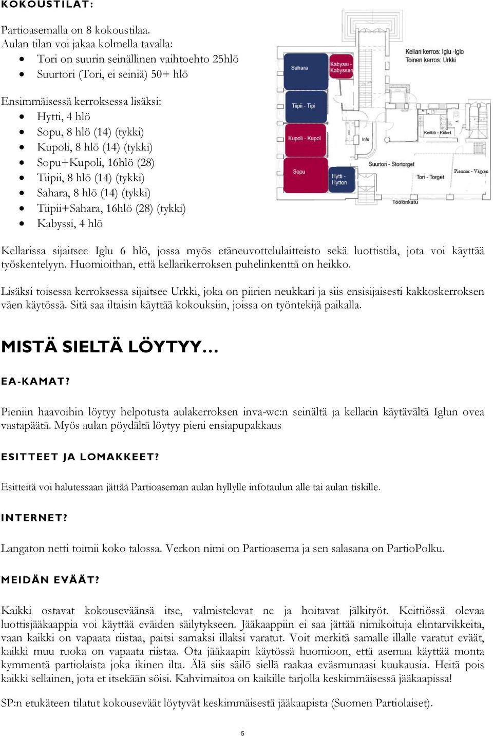 8 hlö (14) (tykki) Sopu+Kupoli, 16hlö (28) Tiipii, 8 hlö (14) (tykki) Sahara, 8 hlö (14) (tykki) Tiipii+Sahara, 16hlö (28) (tykki) Kabyssi, 4 hlö Kellarissa sijaitsee Iglu 6 hlö, jossa myös