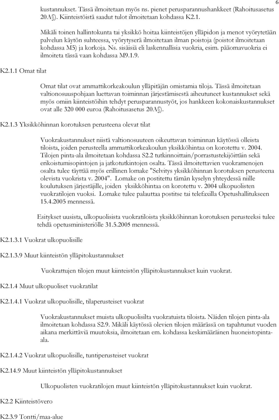 sisäisiä eli laskennallisia vuokria, esim. pääomavuokria ei ilmoiteta tässä vaan kohdassa M9.1.9. Omat tilat ovat ammattikorkeakoulun ylläpitäjän omistamia tiloja.