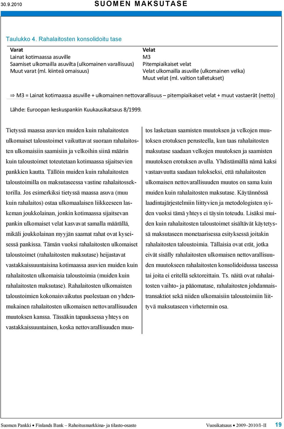 valtion talletukset) M3 = Lainat kotimaassa asuville + ulkomainen nettovarallisuus pitempiaikaiset velat + muut vastaerät (netto) Lähde: Euroopan keskuspankin Kuukausikatsaus 8/1999.