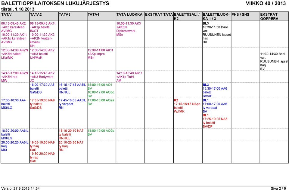 08:15-09:45 AK1t +AK1p IN/ST 10:00-11:30 A +AN teatteriilmaisu KH 12:30-14:00 A +AK3 UH/MaK 14:15-15:45 A +AK3 Bodywork JO 16:00-17:30 AA5 17:35-19:05 NA9 ty 19:05-19:50 NA9 ty 19:50-20:20 NA9 ty