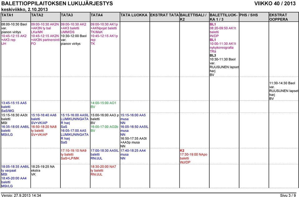 10:45-12:15 AK1p rep TK 08:20-09:50 AK1t IN/DP 10:00-11:30 AK1t nykykoreografia TRä 10:30-11:30 Baol 13:45-15:15 AA5 /MG 15:15-16:30 AA3t 16:35-18:05 AA6IL 18:05-18:35 AA6IL 18:45-20:00 AA4