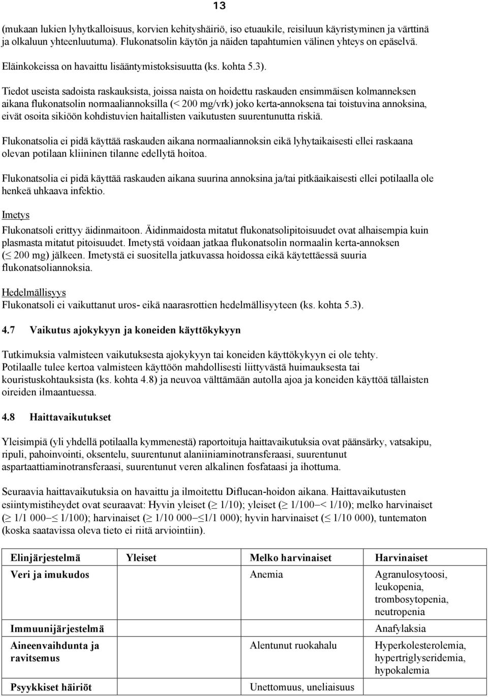 Tiedot useista sadoista raskauksista, joissa naista on hoidettu raskauden ensimmäisen kolmanneksen aikana flukonatsolin normaaliannoksilla (< 200 mg/vrk) joko kerta-annoksena tai toistuvina