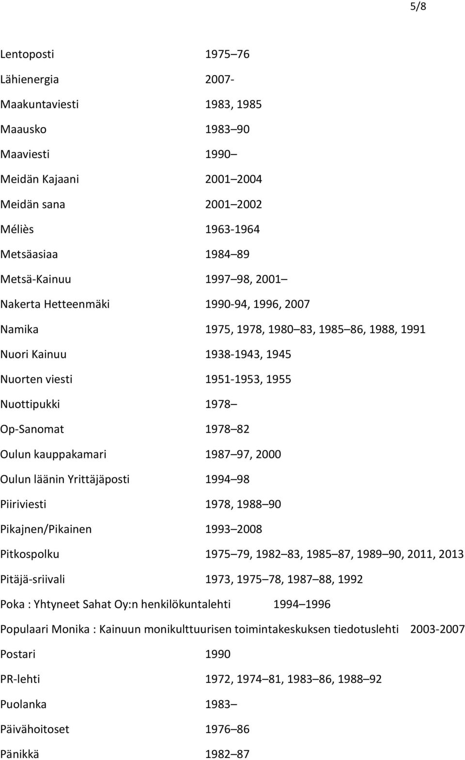 kauppakamari 1987 97, 2000 Oulun läänin Yrittäjäposti 1994 98 Piiriviesti 1978, 1988 90 Pikajnen/Pikainen 1993 2008 Pitkospolku 1975 79, 1982 83, 1985 87, 1989 90, 2011, 2013 Pitäjä-sriivali 1973,