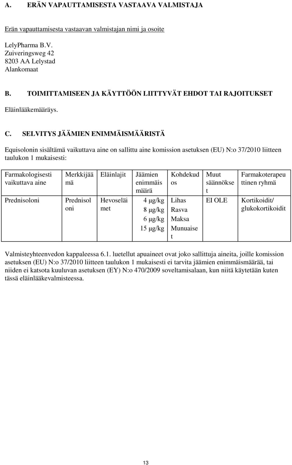 SELVITYS JÄÄMIEN ENIMMÄISMÄÄRISTÄ Equisolonin sisältämä vaikuttava aine on sallittu aine komission asetuksen (EU) N:o 37/2010 liitteen taulukon 1 mukaisesti: Farmakologisesti vaikuttava aine