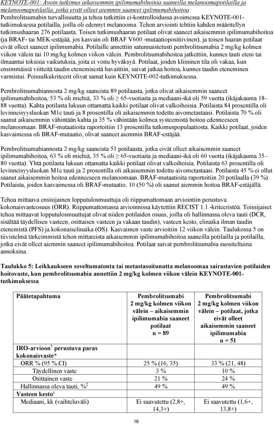 Toisen tutkimushaaran potilaat olivat saaneet aikaisemmin ipilimumabihoitoa (ja BRAF- tai MEK-estäjää, jos kasvain oli BRAF V600 -mutaatiopositiivinen), ja toisen haaran potilaat eivät olleet saaneet